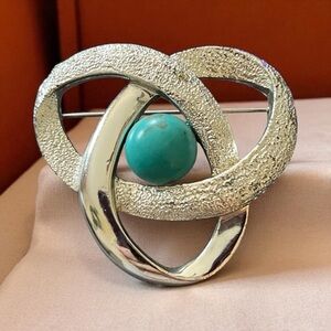 Vintage Sarah Coventry Faux Turquoise Textured Silver Tone Brooch Pin